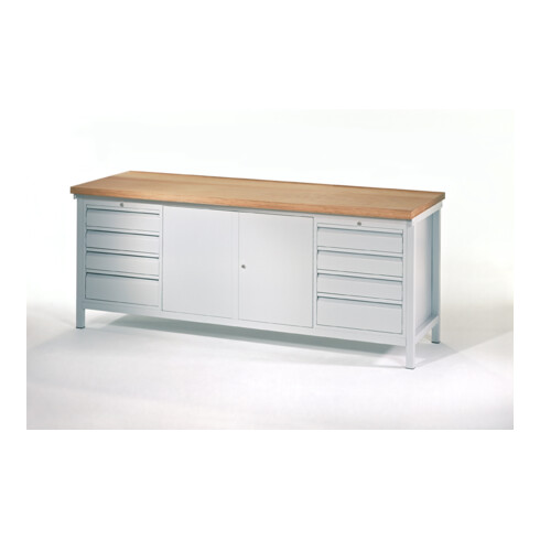 Pavoy Werkbank, 2000x700x900 mm, 2 Schubladenblöcke, 1 Schrank, RAL 7035