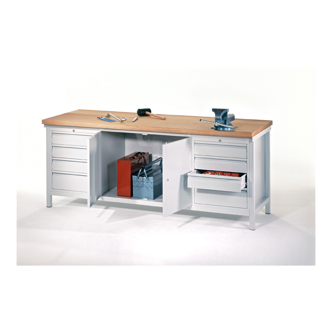 Pavoy Werkbank, 2000x700x900 mm, 2 Schubladenblöcke, 1 Schrank, RAL 7035