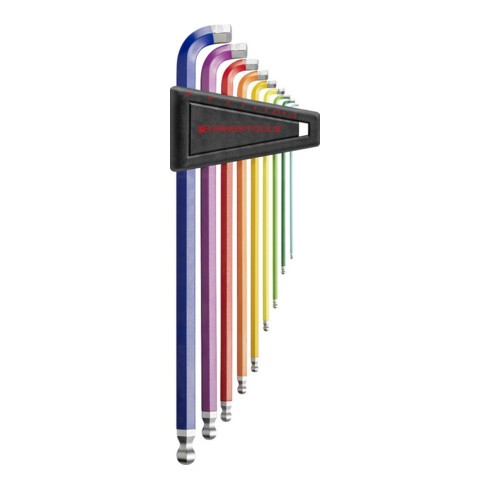 PB Swiss Tools Jeu de clés mâles coudées 6 pans 90°– 100° longues, avec tête sphérique et tige courte revêtement par poudre, Nomb...