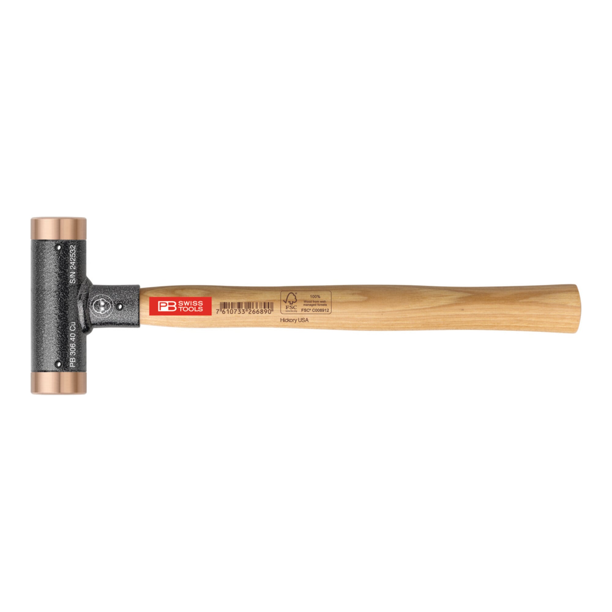 PB Swiss Tools Rückschlagfreier Hammer, mit Kupfer-Einsätzen, Hickory-Stiel, 32 mm