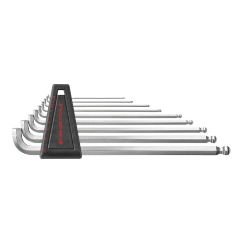 PB Swiss Tools haakse schroevendraaierset zeskant 90°-100° lang, met kogelkop en korte arm verchroomd, Aantal stiftsleutels: 9