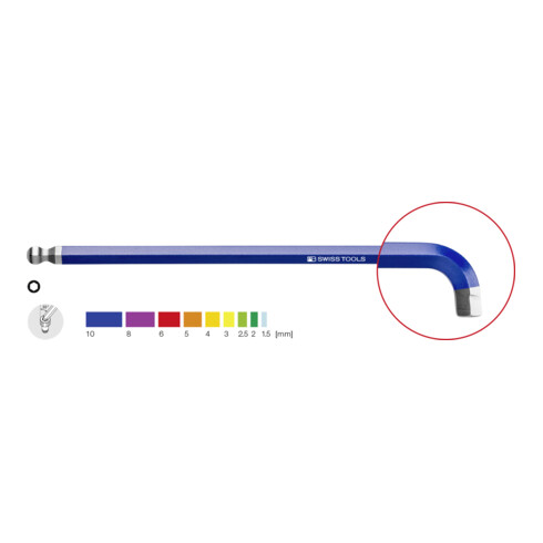 PB Swiss Tools Sleutels voor binnenzeskantbouten 90°-100° lang, met kogelkop en korte arm poedercoating, Zeskant: 10mm