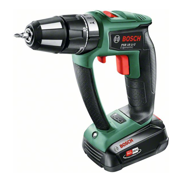 Perceuse à percussion Bosch à batterie PSB 18 LI-2 Ergonomique, avec 1 x PBA 18V 2,5 Ah