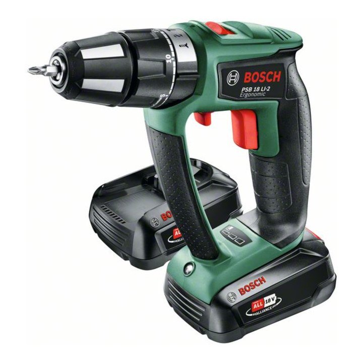 Perceuse à percussion Bosch à batterie PSB 18 LI-2 Ergonomique, avec 2 x PBA 18V 2,5 Ah
