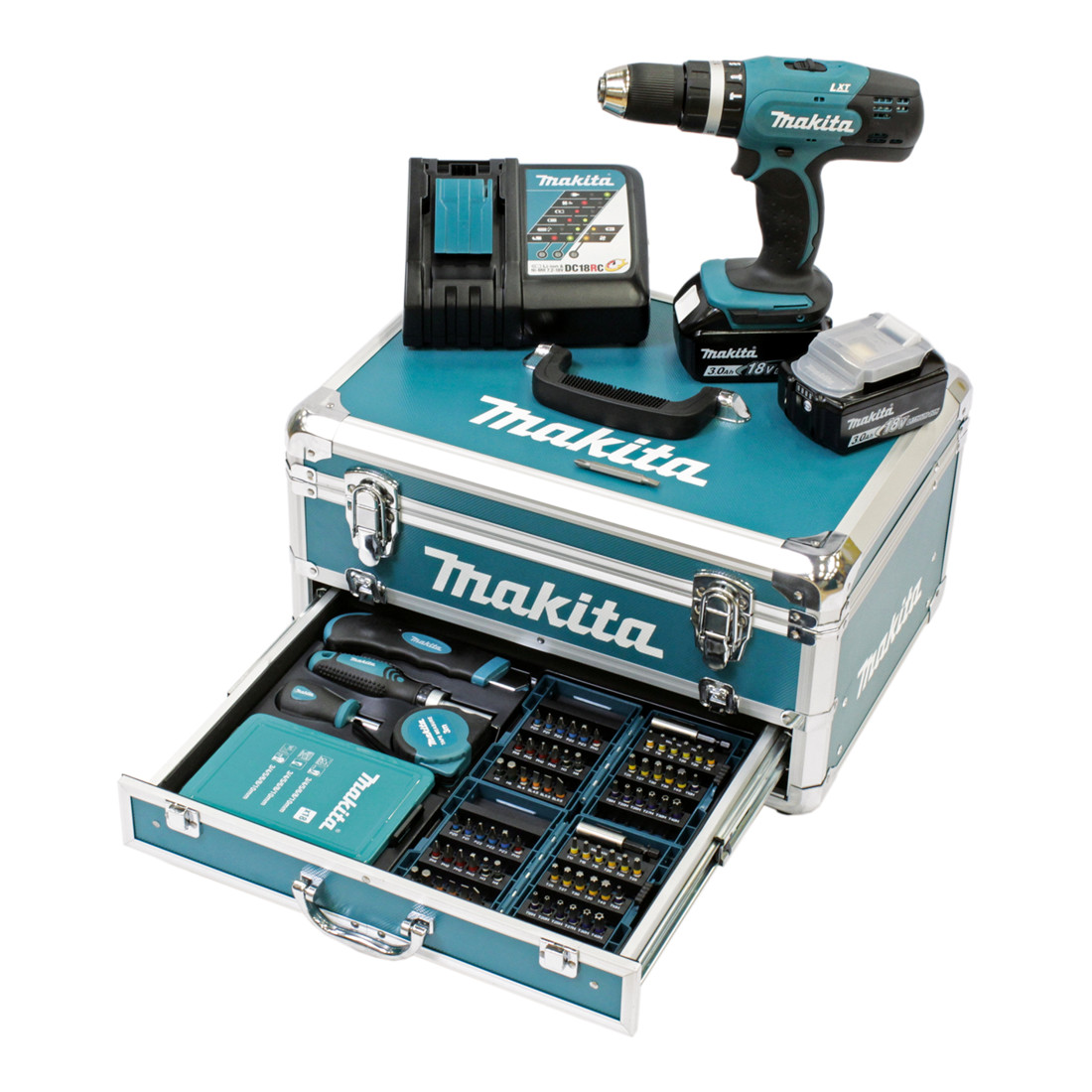 Perceuse à percussion sans fil Makita 18 V 3.0 Ah dans une mallette en aluminium avec un jeu d'accessoires de 96 pièces DHP453RFX2