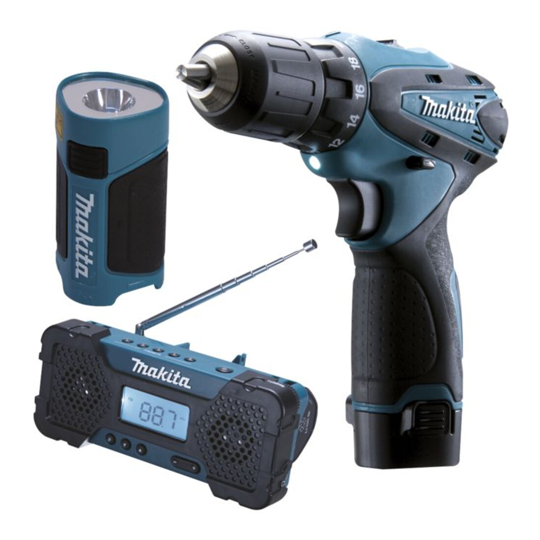 Perceuse sans fil Makita DK1488 (DF330D avec lampe ML100 et radio sans fil MR051)