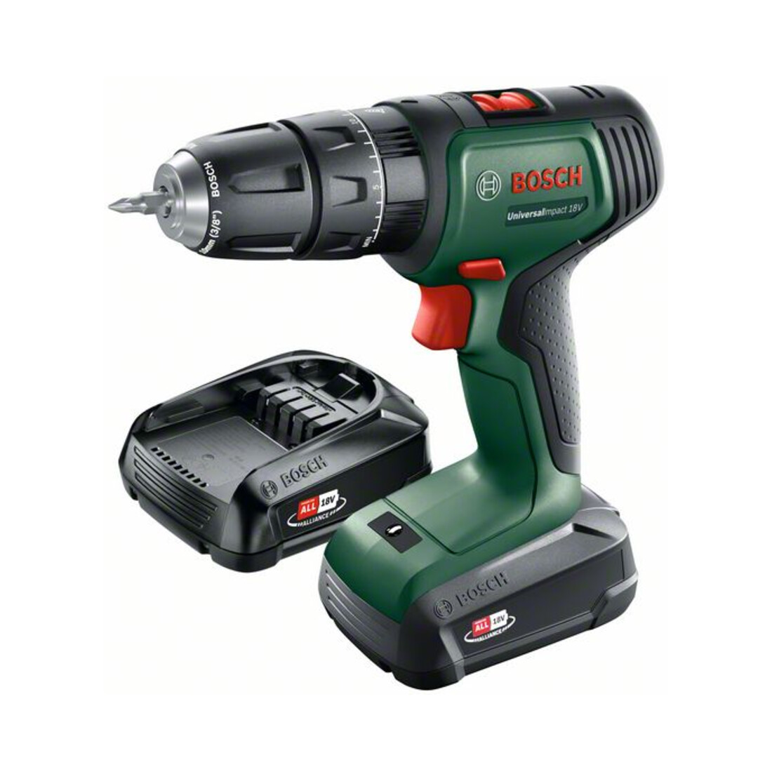 Perceuse-visseuse à percussion 2 vitesses sans-fil UniversalImpact 18V Bosch, 2x batteries et chargeur inclus