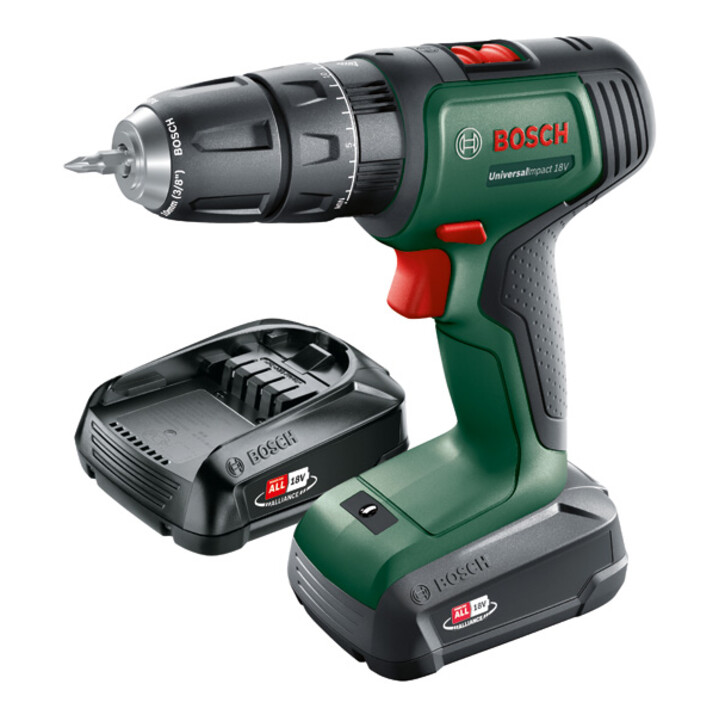 Perceuse-visseuse à percussion 2 vitesses sans-fil UniversalImpact 18V Bosch, 2x batteries et chargeur inclus