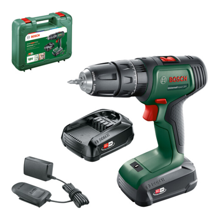 Perceuse-visseuse à percussion 2 vitesses sans-fil UniversalImpact 18V Bosch, 2x batteries et chargeur inclus