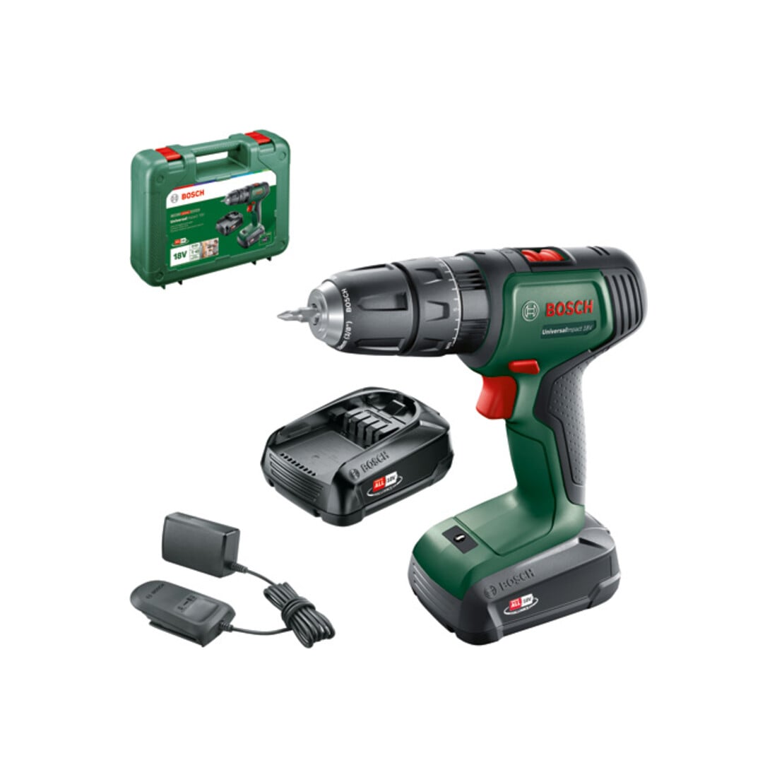 Perceuse-visseuse à percussion 2 vitesses sans-fil UniversalImpact 18V Bosch, 2x batteries et chargeur inclus