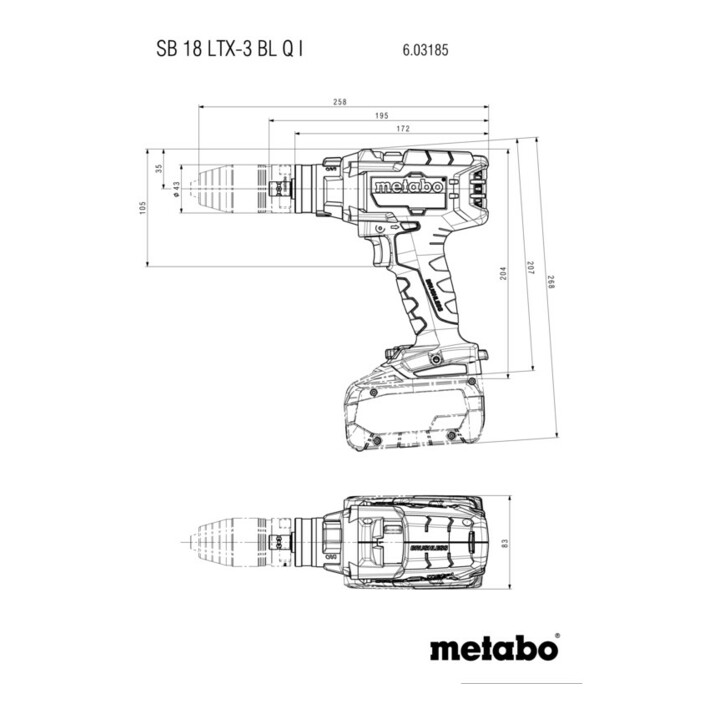 Perceuse-visseuse à percussion sans fil à 3 vitesses Metabo SB 18 LTX-3 BL Q I, carton