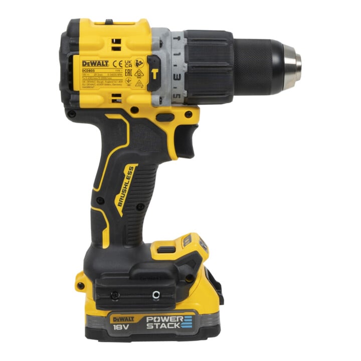 Perceuse-visseuse à percussion sans fil DEWALT 18V XR (sans balais) incl. 2x batterie Powerstack (18 Volt / 1,7 Ah) avec technologie de batterie Pouch DCD805E2T-QW