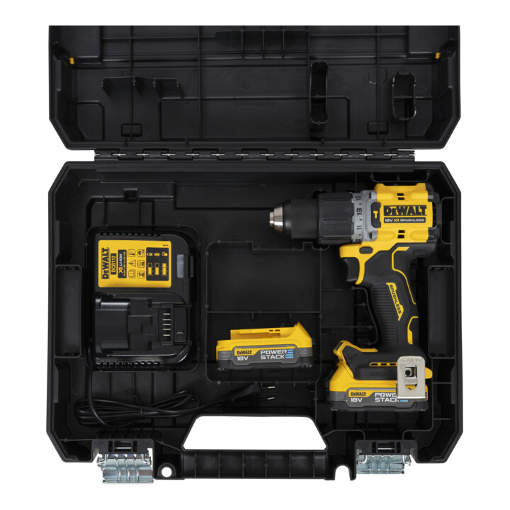 Perceuse-visseuse à percussion sans fil DEWALT 18V XR (sans balais) incl. 2x batterie Powerstack (18 Volt / 1,7 Ah) avec technologie de batterie Pouch DCD805E2T-QW