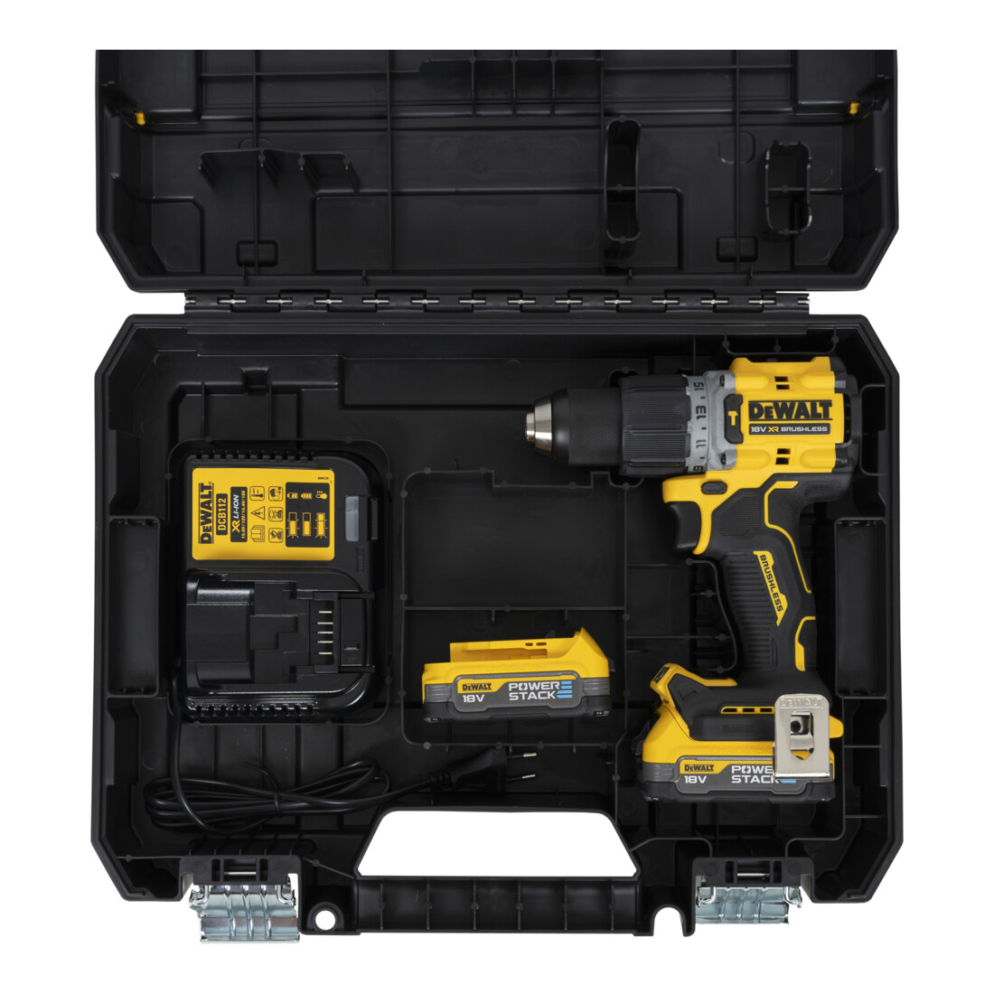 Perceuse-visseuse à percussion sans fil DEWALT 18V XR (sans balais) incl. 2x batterie Powerstack (18 Volt / 1,7 Ah) avec technologie de batterie Pouch DCD805E2T-QW
