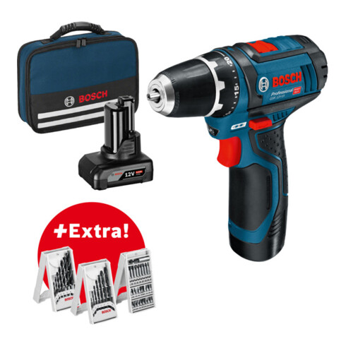Perceuse-visseuse sans fil Bosch GSR 12V-15 avec 1 x 2,0 Ah 1 x 4,0 Ah, kit d'accessoires dans une mallette