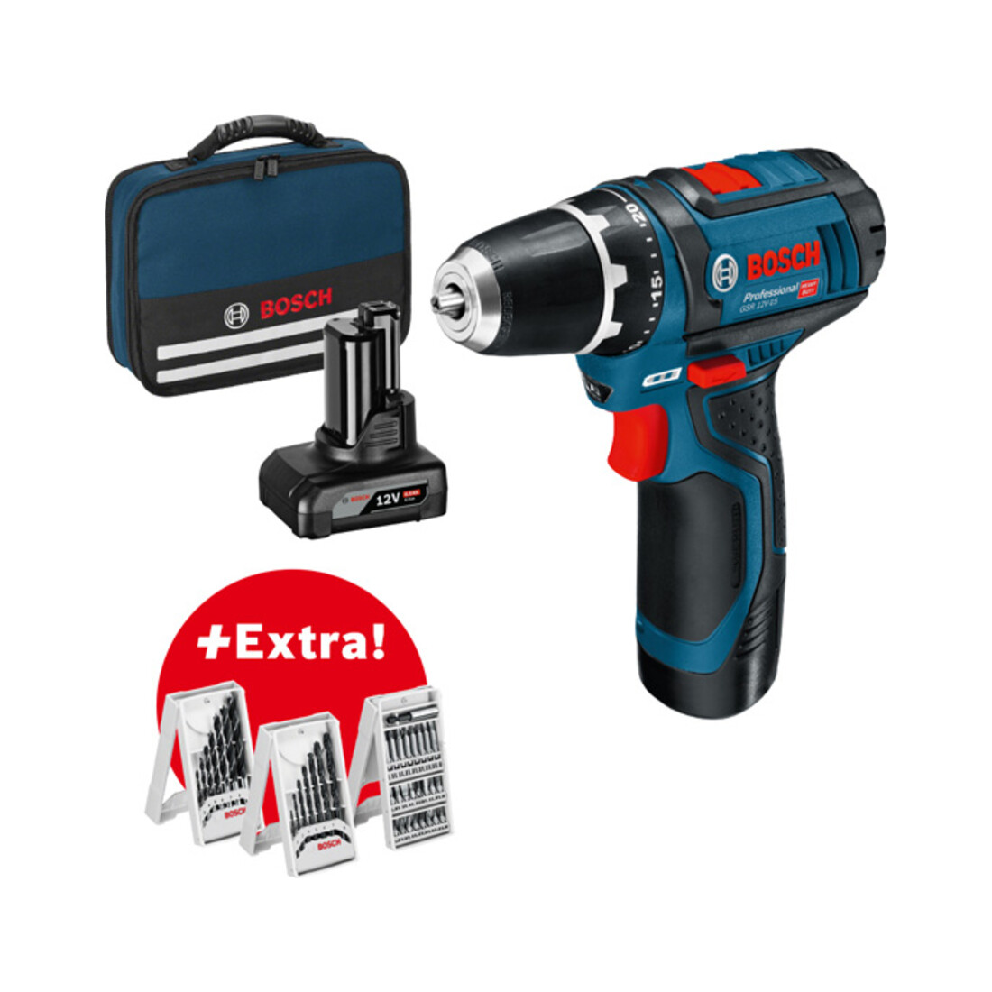 Perceuse-visseuse sans fil Bosch GSR 12V-15 avec 1 x 2,0 Ah 1 x 4,0 Ah, kit d'accessoires dans une mallette