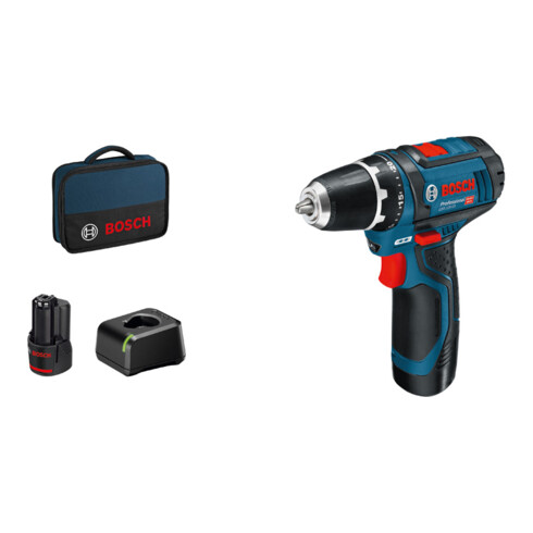 Perceuse Visseuse sans fil Bosch GSR 12V-15 avec 2 piles rechargeables de 2,0 Ah