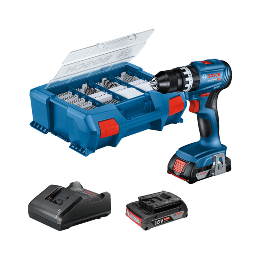 Perceuse-visseuse sans fil GSB 18V-45 Bosch, 2 batteries GBA 18V 2.0Ah, chargeur et L-CASE