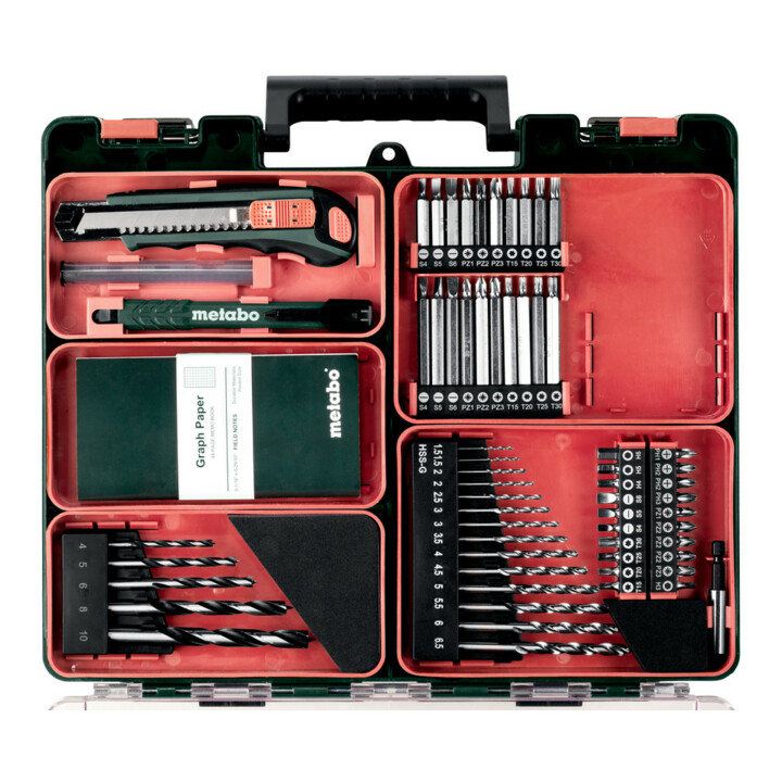 Perceuse-visseuse sans fil PowerMaxx BS Basic Set de Metabo atelier mobile ; boîtier en plastique ; 10,8V 2x2Ah Li-Ion + LC 40