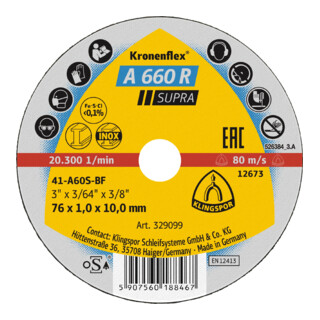 Petit disque de coupe Klingspor A 660 R 100 x 1 x 10 mm droit