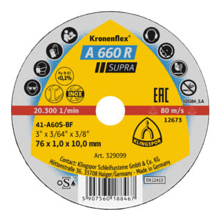 Petit disque de coupe Klingspor A 660 R 76 x 1 x 10 mm droit