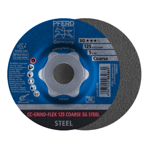 PFERD CC-GRIND-FLEX Schleifscheibe 125x22,23 mm COARSE Leistungslinie SG STEEL für Stahl