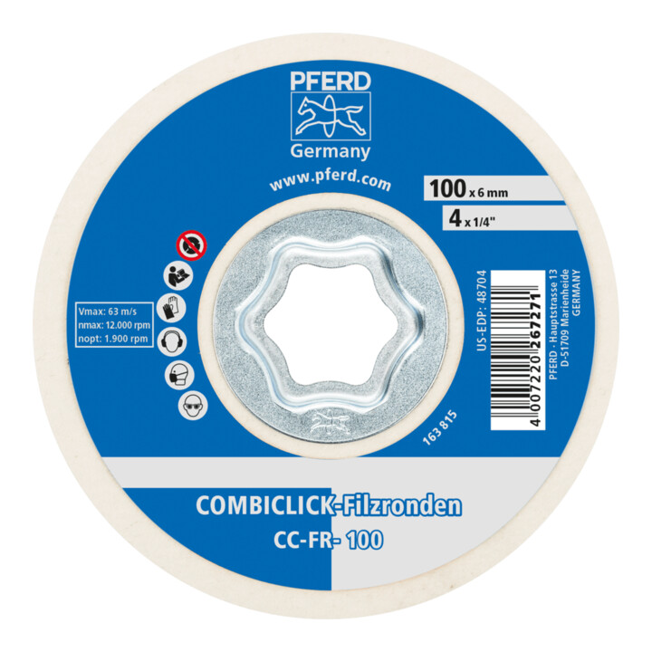 PFERD COMBICLICK Rondelles de feutre CC-FR D 100 mm pour le prépolissage et le polissage haute brillance