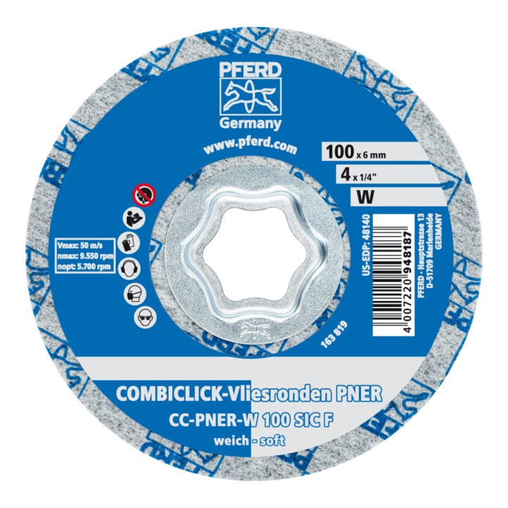 PFERD COMBICLICK verpresste Vliesronde CC PNER Ø 100mm Weich SIC Fein für Finish