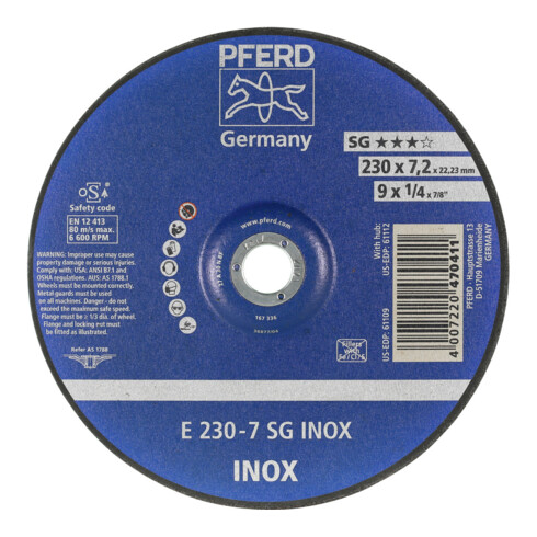 PFERD Disco da sbavo 230x7,2mm per Inox, a gomito, foro, 22,23mm