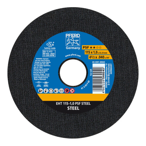 PFERD Disco da taglio EHT 115-1.0 PSF STEEL 22,23mm, dritto