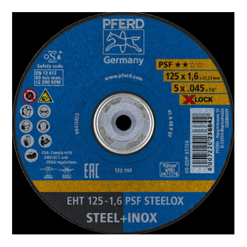 Pferd Disque à tronçonner PSF X-LOCK STEELOX 125x1,6mm