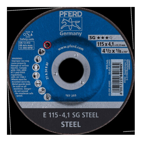 PFERD Disque d’ébarbage SG-STEEL,? disque x largeur de disque: 115X4 mm