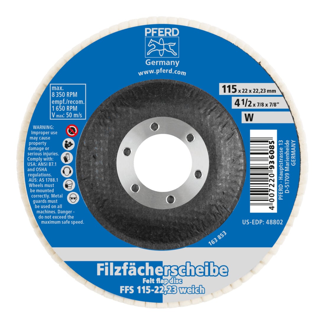 PFERD Disques à lamelles sur tige en feutre FFS 115/22,23 W