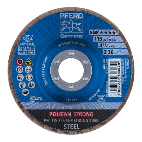 PFERD Disques à surfacer à lamelles POLIFAN PFC 115 Z 36 SGP STRONG STEEL