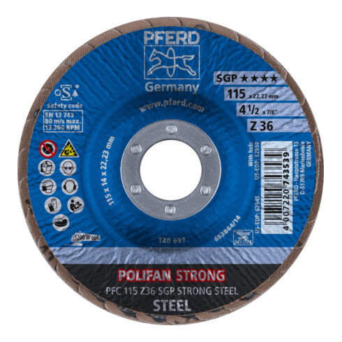 PFERD Disques à surfacer à lamelles POLIFAN PFC 115 Z 36 SGP STRONG STEEL