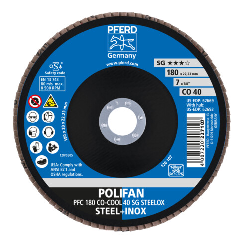 PFERD Disques à surfacer à lamelles POLIFAN PFC 180 CO-COOL 40 SG STEELOX