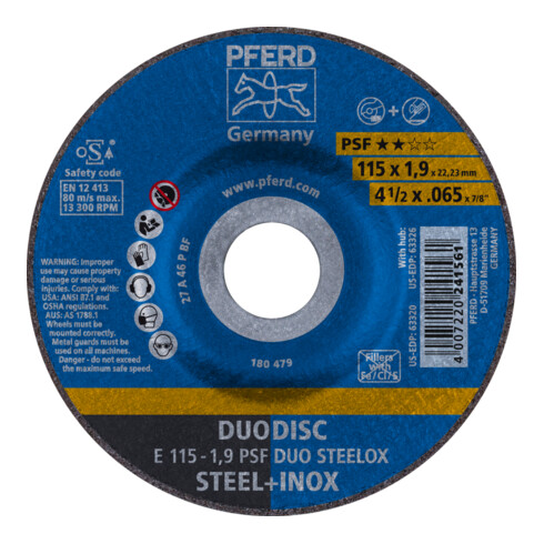 PFERD DUODISC Trenn-/Schleif. E 115x1,9x22,23 mm gekr. Uni.-Linie PSF DUO STEELOX f. Stahl/VA