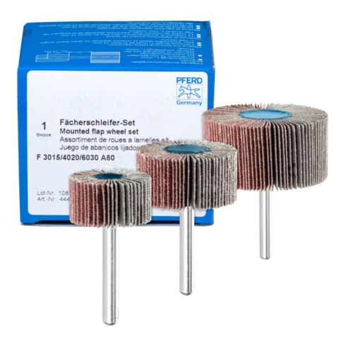 PFERD Fächerschleifer-Set Korund A 80 Ø30x15mm, Ø40x20mm und Ø60x30mm Schaft-Ø6mm für Feinschliff & Finish