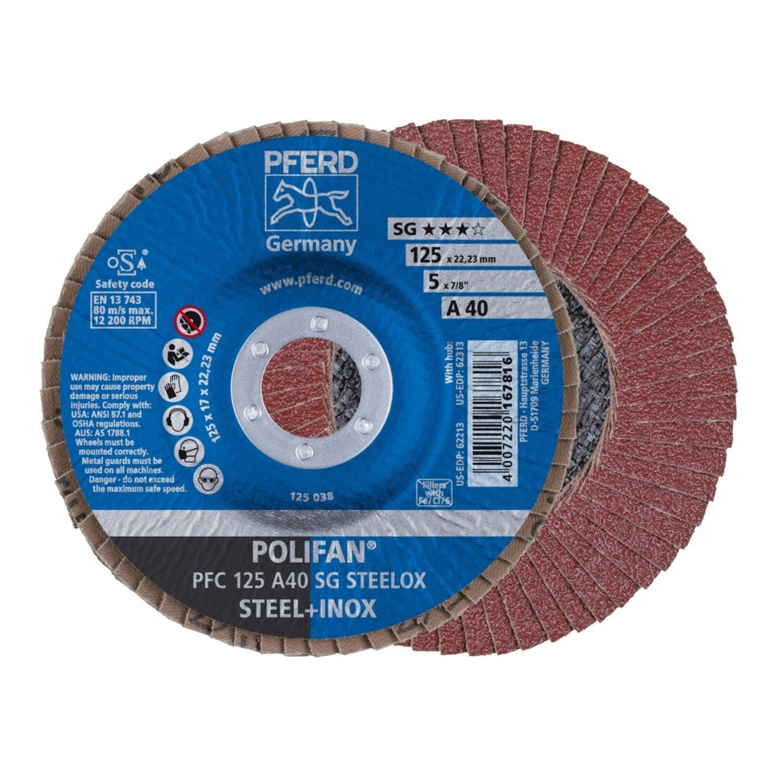 Pferd Fächerschleifscheibe A 40SG gewölbt 125mm K40