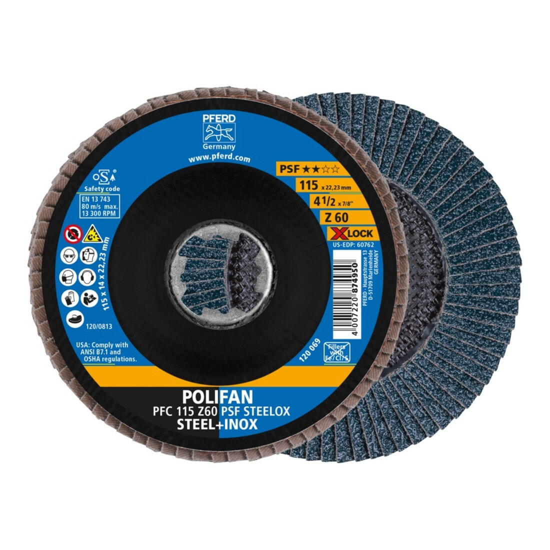 Pferd Fächerschleifscheibe X-LOCK STEELOX K60PSF 115mm