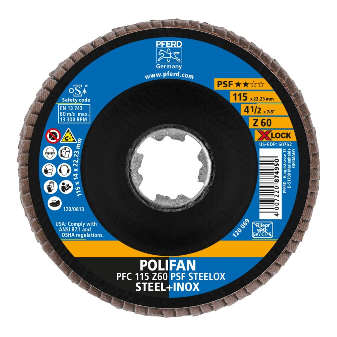 Pferd Fächerschleifscheibe X-LOCK STEELOX K60PSF 115mm