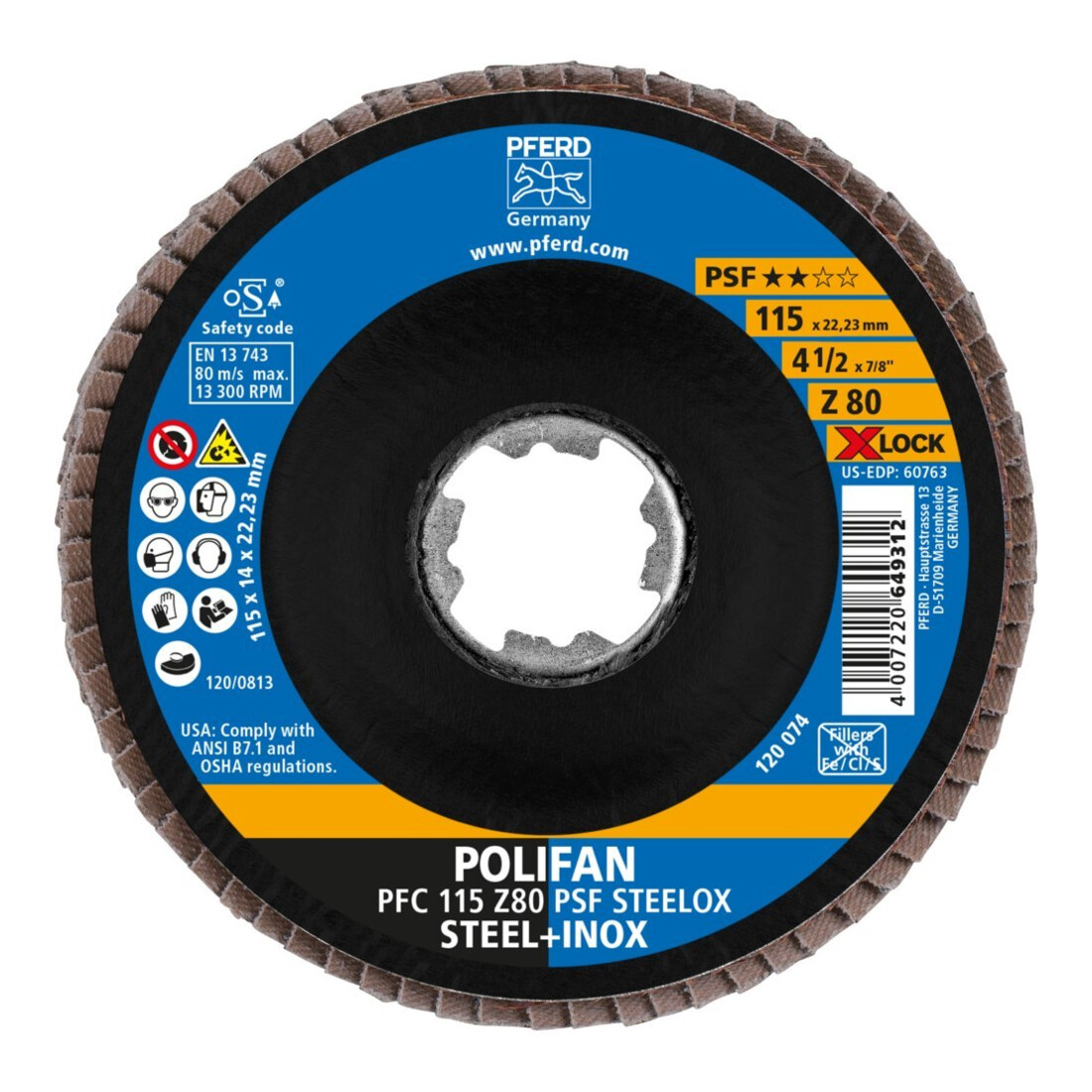 Pferd Fächerschleifscheibe X-LOCK STEELOX K80PSF 115mm