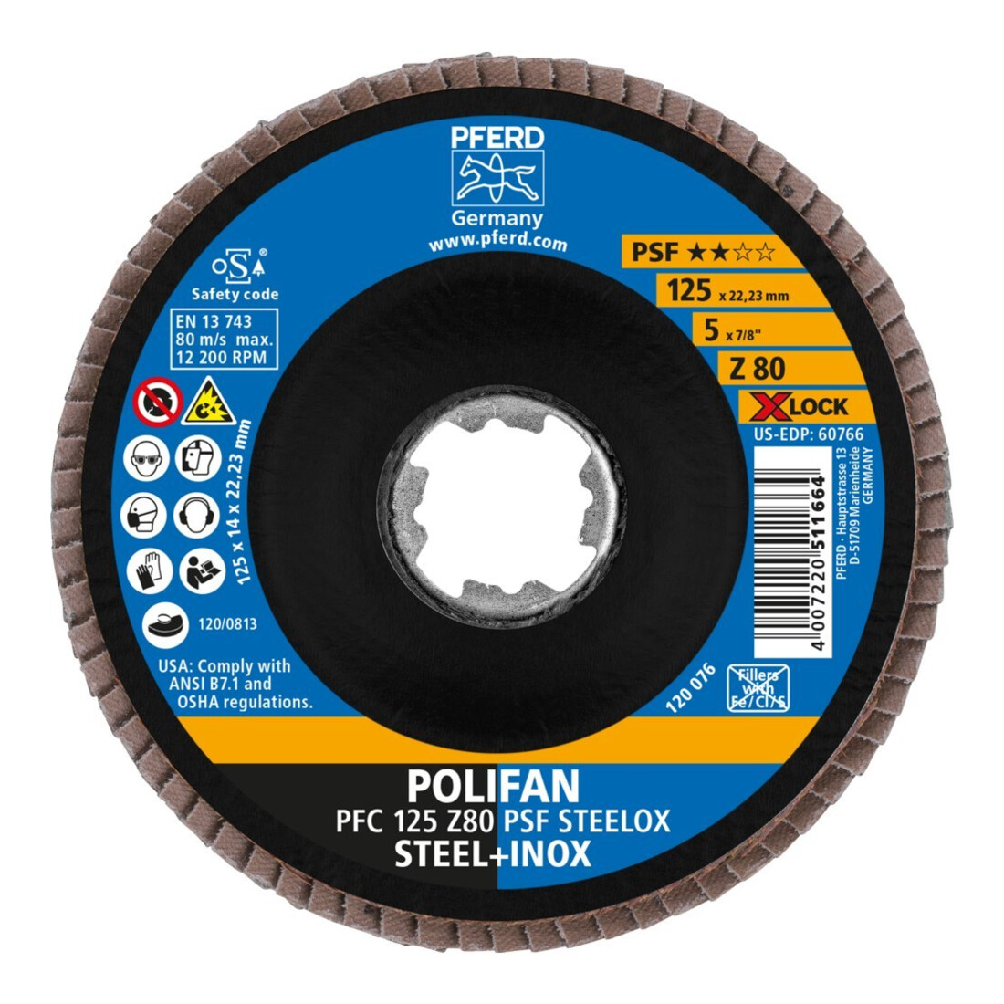 Pferd Fächerschleifscheibe X-LOCK STEELOX K80PSF 125mm