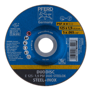 PFERD DUODISC Disco da taglio/levigatura E 125x1, curvo Uni.-Line PSF DUO STEELOX per acciaio/VA