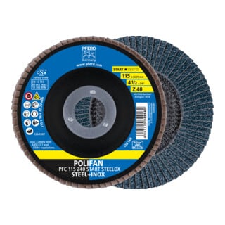 PFERD POLIFAN Disco a ventaglio PFC 115x22,23 mm conico Z40 Startlinie START STEELOX Acciaio/Inox