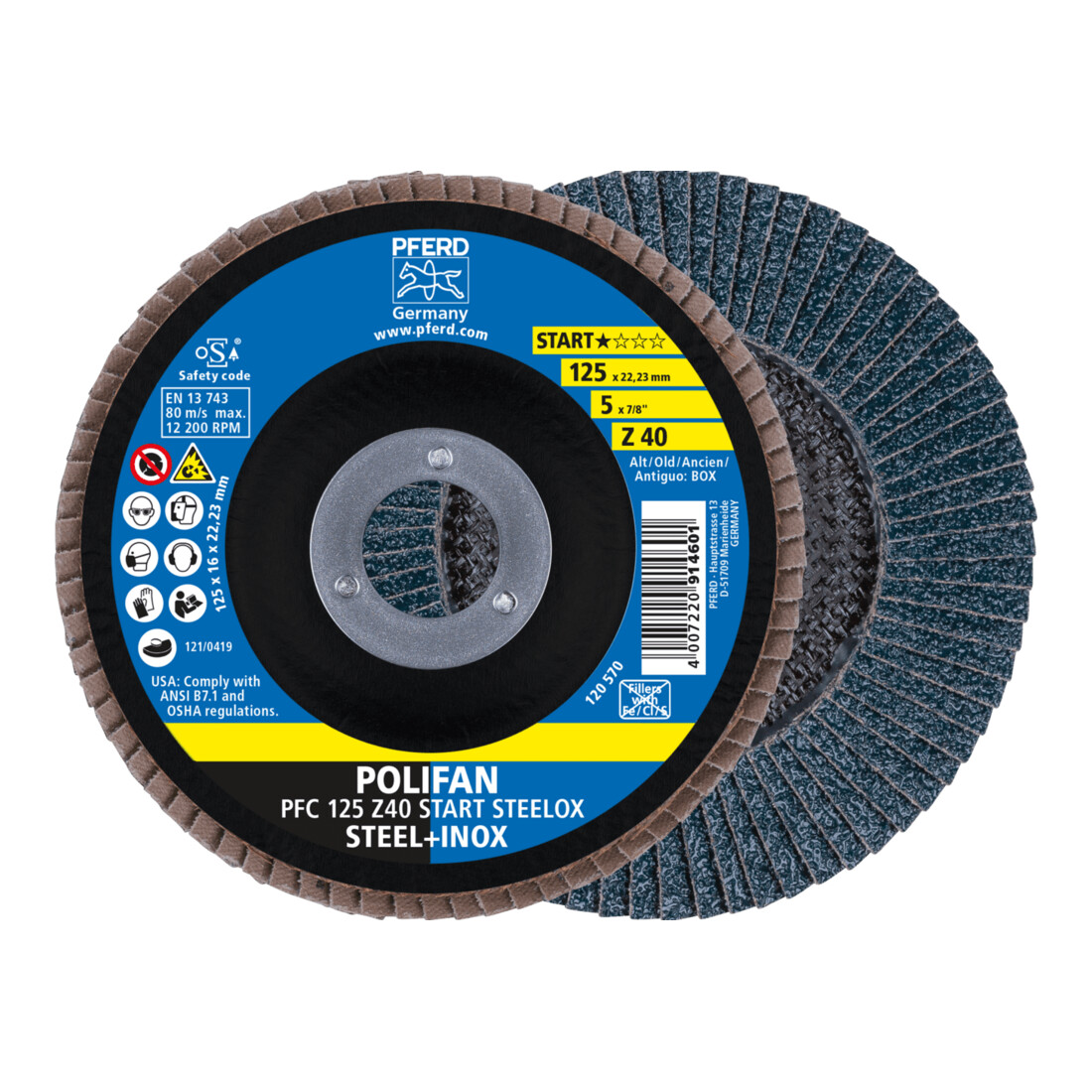 PFERD POLIFAN Disco a ventaglio PFC 125x22,23 mm conico Z40 Startlinie START STEELOX Acciaio/Inox