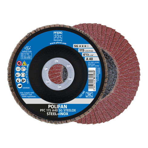 PFERD POLIFAN Fächerscheibe PFC 115x22,23 mm konisch A40 SG STEELOX Stahl/Edelstahl