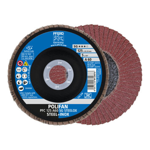 PFERD POLIFAN Fächerscheibe PFC 125x22,23 mm konisch A60 SG STEELOX Stahl/Edelstahl