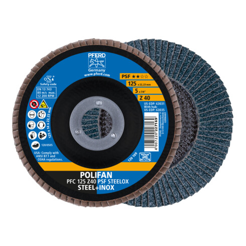 PFERD POLIFAN Fächerscheibe PFC 125x22,23 mm konisch Z40 Uni.-Linie PSF STEELOX Stahl/Edelstahl