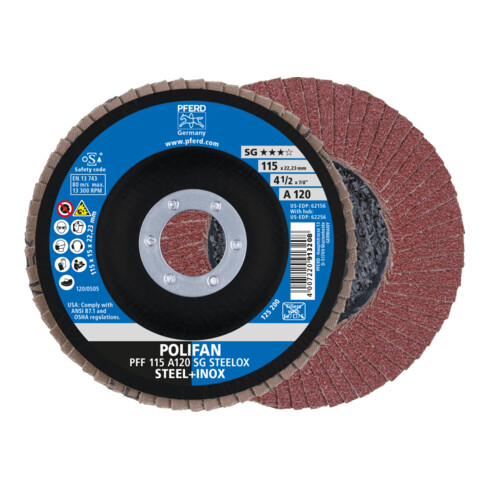PFERD POLIFAN Fächerscheibe PFF 115x22,23 mm flach A120 Leistungslinie SG STEELOX Stahl/Edelstahl
